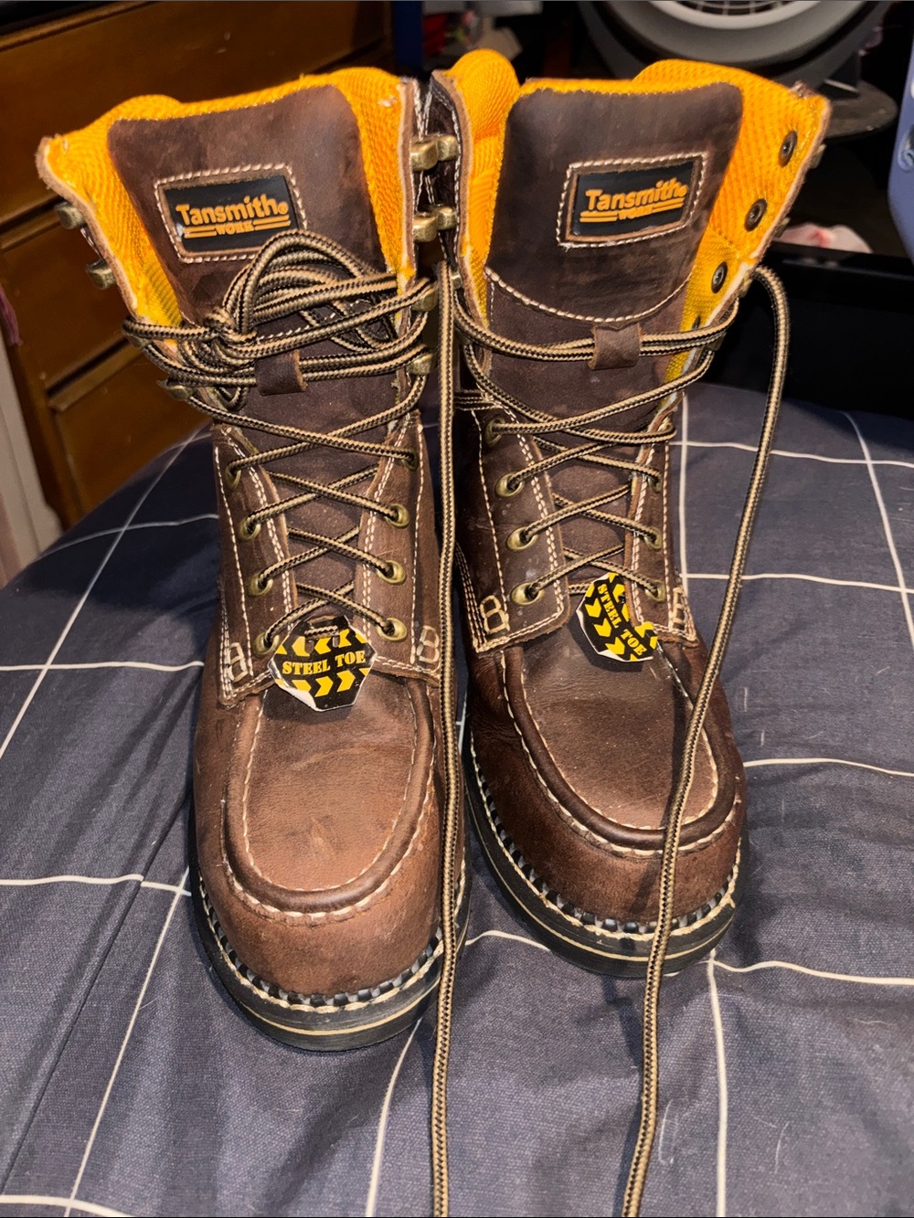 Brown Steel-Toe Work Boots with Orange Collar